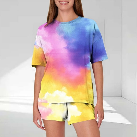 Viikei Elegant Pajama Set Silk-Touch Sleep Experience,Women's Casual Loose Printing Round Neck Short Sleeved Shorts Pajamas Suit Multicolor L
