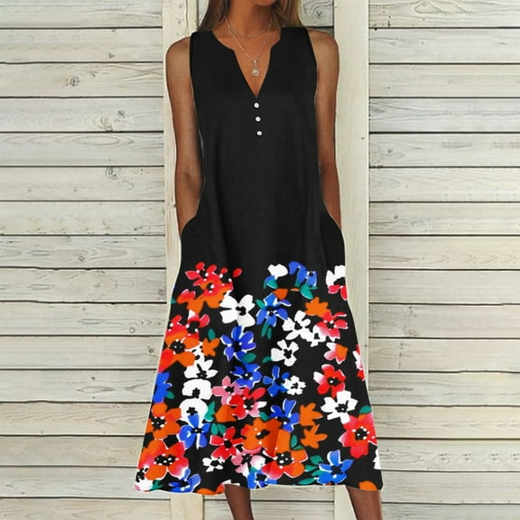 Viikei Elegant Pleated Short Sleeve Dress,New Women's V-neck Button Button Sleeveless Printed Long Dress Black S