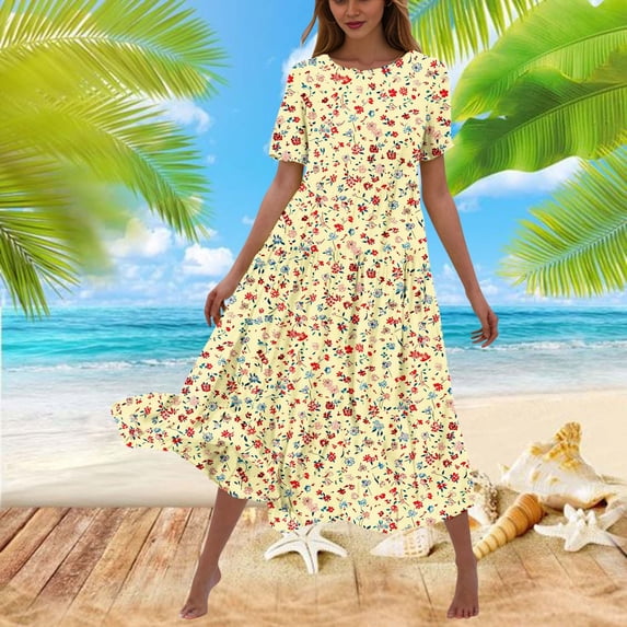 Viikei Elegant Pleated Short Sleeve Dress,Women's Flower Printing Casual Short Sleeve Crewneck Dress Casual Flowy Tiered Maxi Beach Dress Beige L