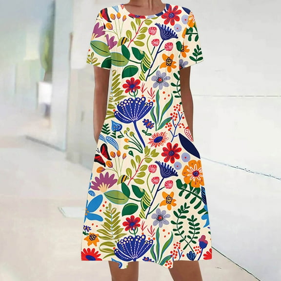 Viikei Elegant Satin Slip Short Sleeve Dress,Women's Summer Bohemian Print Short Sleeve Beach Dress Knee Length Dress Multicolor S