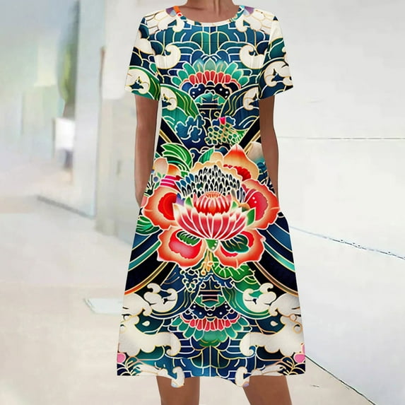 Viikei Elegant Short Sleeve Dress for Women,Women's Summer Bohemian Print Short Sleeve Beach Dress Knee Length Dress Multicolor XXL