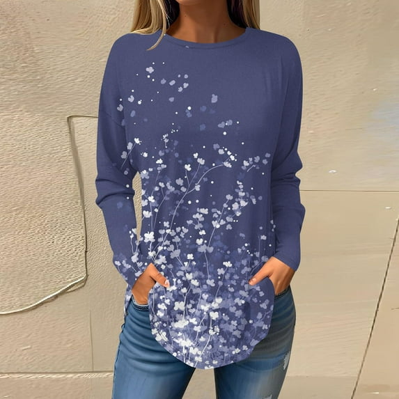 Viikei Fall Layering Round Neck Long Sleeve Tee Women,Women's Long-sleeved Crew-neck Drop Shoulder Casual Printed Navy XXL