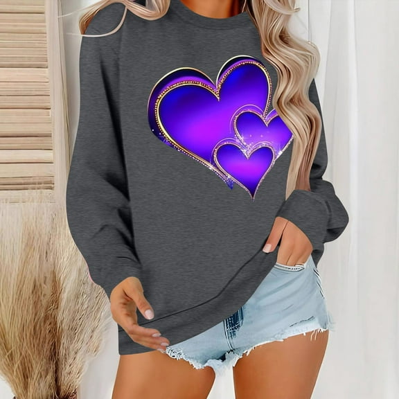 Viikei Fall Round Neck Tops for Women,Women's Round Neck Lover's Love Top Hoodie Long Sleeved Round Neck Top Gray M