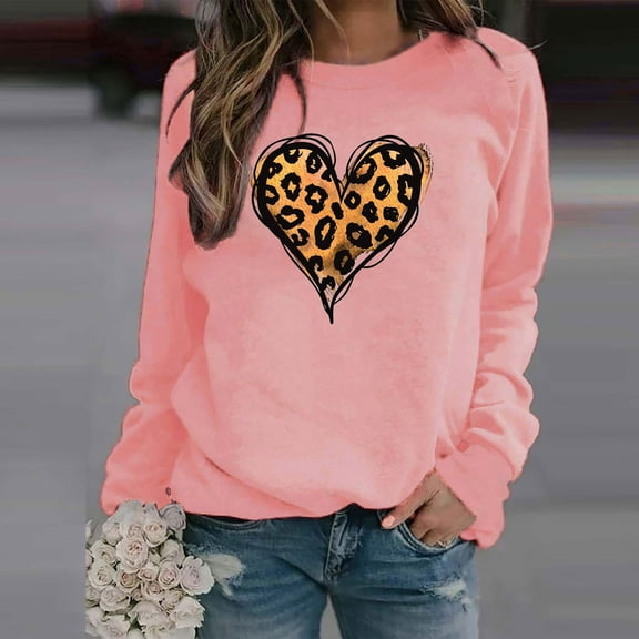 Viikei Fall Tops for Women,Ladies' Casual Valentine's Day Printed Long Sleeved Round Neck Top/shirt Pink S