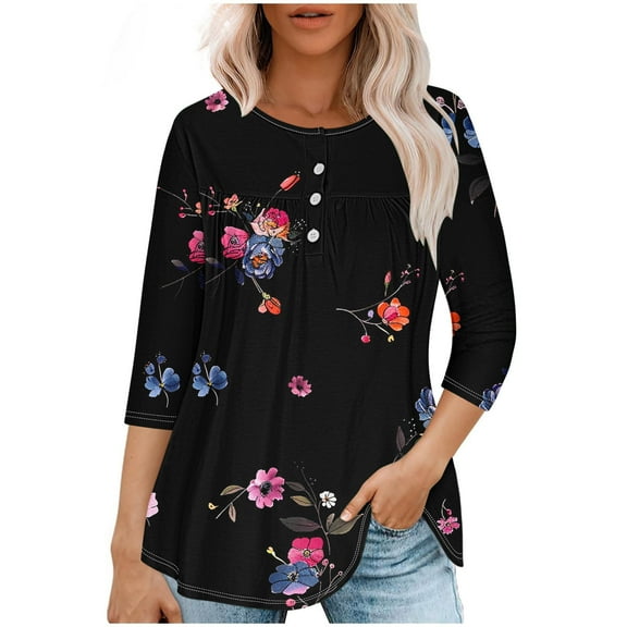 Viikei Fall Tops for Women,Women Casual Summer Printed T-shirt Quarter Sleeve Round Neck Ruched Pullover Blouse Tops Black XL