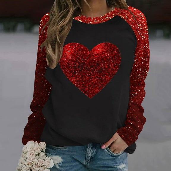 Summer Tops for Women Viikei Fall Tops for Womens 2025 Trendy,Ladies' Fashion Valentine's Day Printed Headless Shoulder Sleeve Long Sleeve Round Neck Top Red XXL