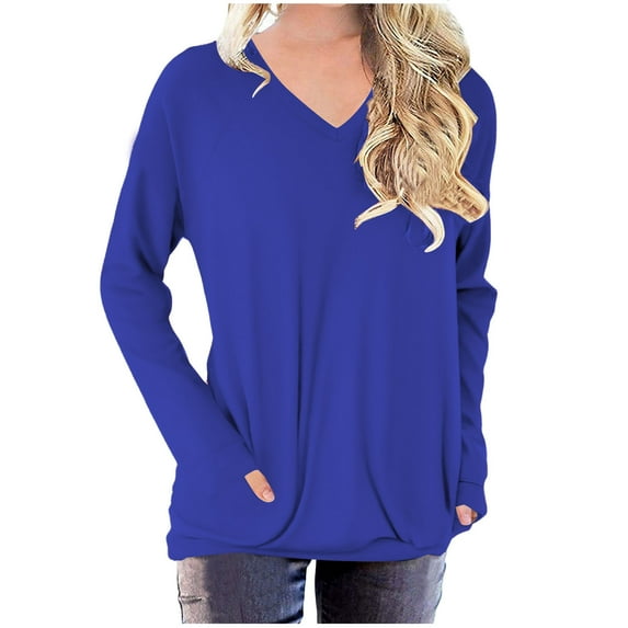 Spring Tops for Women 2025 Viikei Fall Winter Tops Clearance,Womens Tops Dressy Casual,Oversized Tshirts for Women Solid Workout Sweatshirts Basic Long Sleeve Shirt Classic V-Neck Tops Blue XL