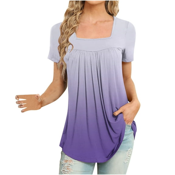 Viikei Fashionable Women's V-Neck Blouse in The Modern Style of The Year Gradient Color Short Sleeved Tops Women Fashion Printed Casual V-Neck Short Sleeve Loose T-Shirt Blouse Tops