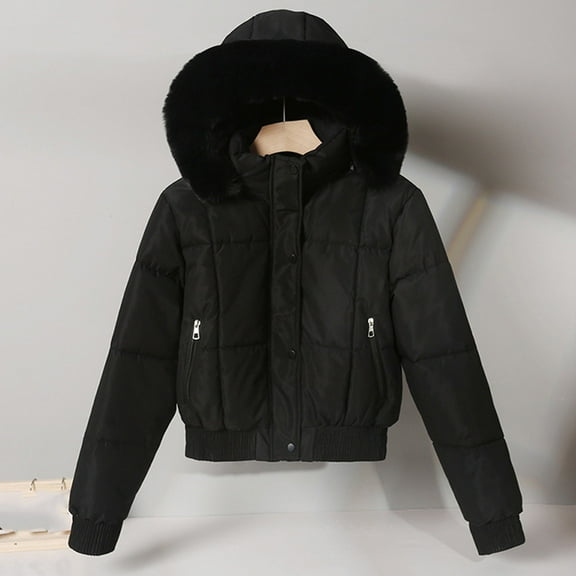 Viikei Fleece Coats on sale,Women's Solid Color Long Sleeved Cotton Jacket with Large Collar and Waist Cinching Short Design Black XXL