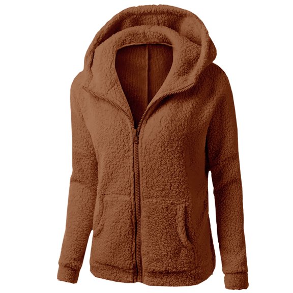 Viikei Fleece Jackets for Women with Hood,Women Hooded Sweater Coat Winter Warm Wool Zipper Coat Long Sleeve Outwear Brown XL