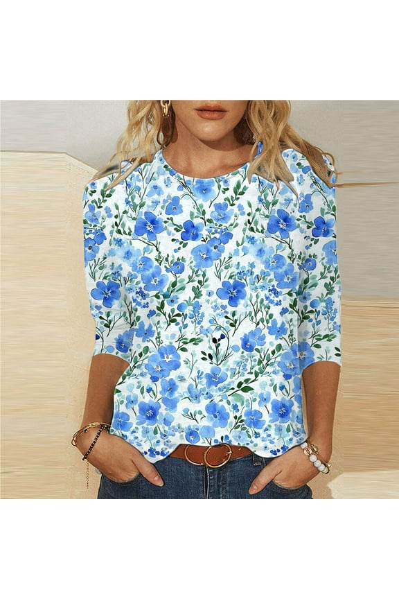 Flexible Women's Round Neck Top 3/4 Sleeve,Ladies' Easter Day Printed Round Neck Three Quarter Sleeve 3/4 Sleeve T-shirt Loose Blue S