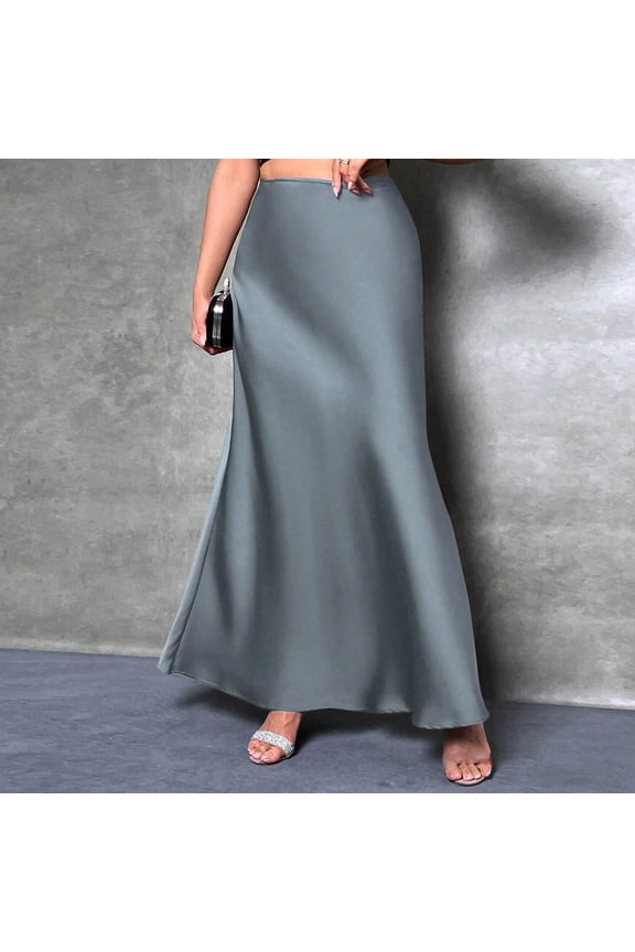 Floral Print Skirt with Elastic Waist,Womens Fashion Solid Color A Character Satin Fabric Invisible Zipper Half Length Skirt Gray M