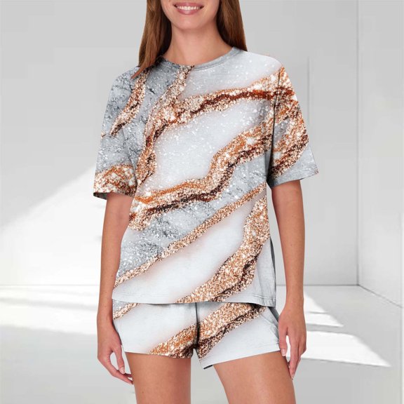 Viikei Floral Print Sleepwear Set Spring Casual Loungewear,Women's Casual Loose Printing Round Neck Short Sleeved Shorts Pajamas Suit Gold M