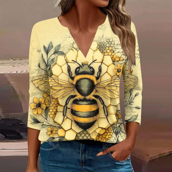 Viikei Floral Print Women's 3/4 Sleeve V Neck Top,Women's Casual Printed Long Sleeve V-neck Beige XXXXL