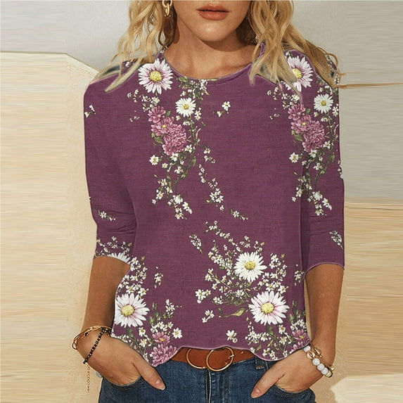 Viikei Flowy Elegant Women's 3/4 Sleeve Round Neck Top,Ladies' Easter Day Printed Round Neck Three Quarter Sleeve 3/4 Sleeve T-shirt Loose Wine XXXL
