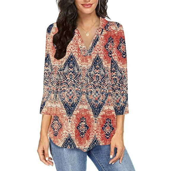Viikei Flowy Fit Women's V Neck Top 3/4 Sleeve,Fashion Women V-Neck Three Quarter 3/4Sleeve T-Shirt Printed Blouse Red S