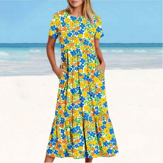 Viikei Flowy Short Sleeve Maxi Dress,Women's Printing Casual Short Sleeve Crewneck Dress Flowy Tiered Maxi Beach Dress with Pockets Yellow S