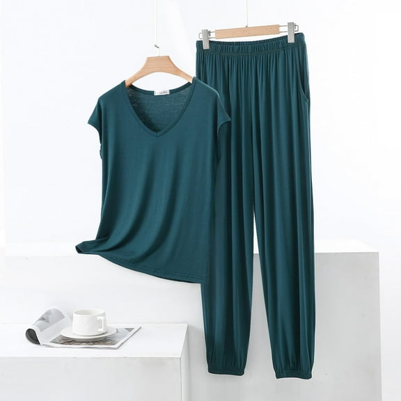Viikei High-Waisted Sleepwear Shorts Set Flattering Lounge,Women' Casual Loose Sleeveless V-Neck Blouses Shorts Set Army Green XXL