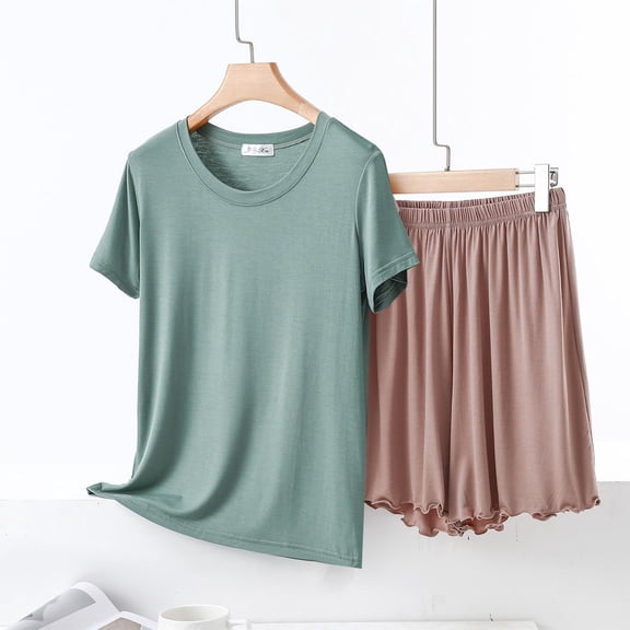 Viikei High-Waisted Sleepwear Shorts Set Flattering Lounge,Women' Casual Short Sleeve Round-Neck Blouses Shorts Home Sets Green XL