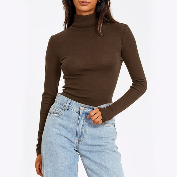 Viikei Hoodie for Women Plus Size,Women's Comfortable Solid Color Tight Long Sleeve Round Neck Underlay Tops Brown M