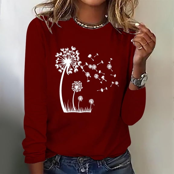 Viikei Hoodies for Women Plus Size,Fashionable Women's Printed Round Neck Pullover Long Sleeved Casual Top Wine L