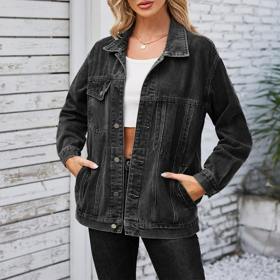 Viikei Jackets for Women Plus Size in Clearance,Women's Fashionable Solid Color Lapel Long Sleeved Denim Jacket Top Black XL