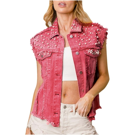 Viikei Jean Jacket for Women Plus Size Jean Jacket for Women Clearance Women Spring and Solid Sleeveless Denim Jacket Outerwear