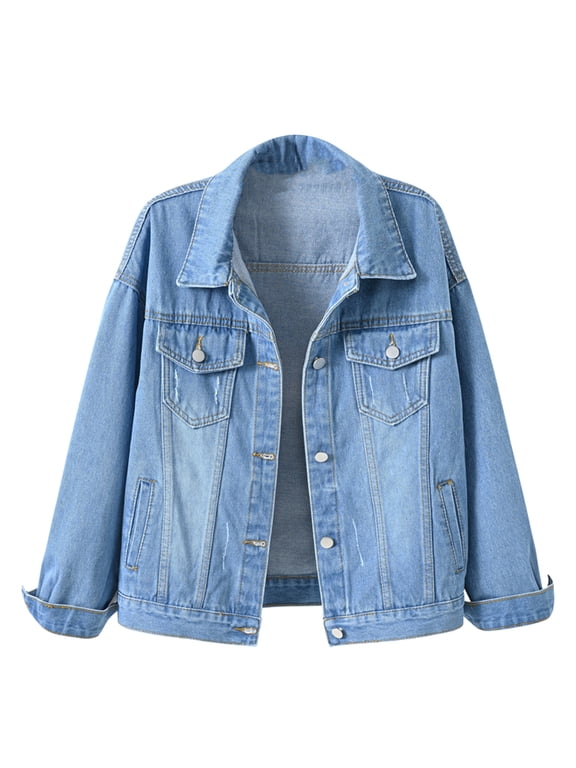 Jean Jacket for Women Plus Size Jean Jacket for Women Clearance Women Spring and Warm Solid Long Sleeve Denim Jacket Outerwear