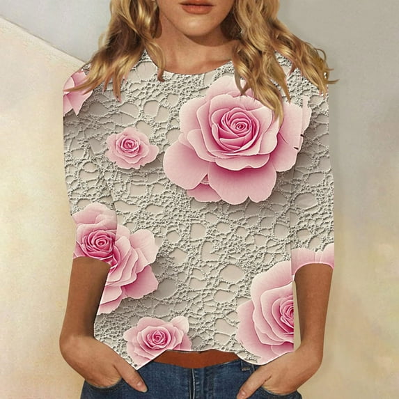 Viikei Lightweight Cotton Women's 3/4 Sleeve Round Neck Top,Ladies' Loose Casual Daily Printed Round Neck Three Quarter Sleeve 3/4 Sleeve T-shirt Pink M