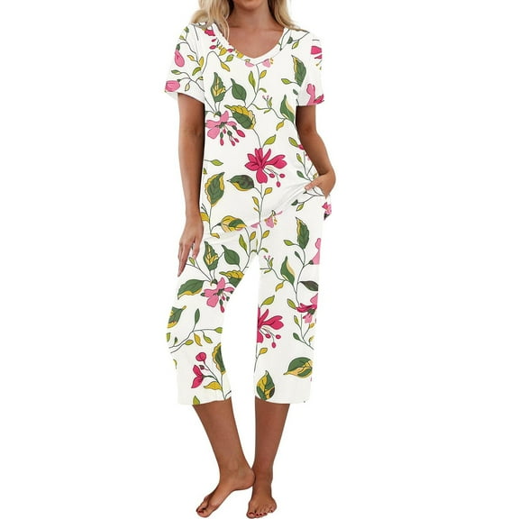 Viikei Lightweight Pajamas Set Travel Sleepwear Essential,Women-neck Short Sleeved Pajamas and Pants Set Casual Pajamas with Pockets White S