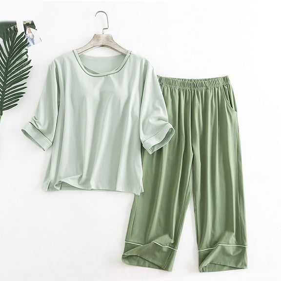Viikei Lightweight Pajamas Set Travel Sleepwear Essential,Women's Casual Loose with Chest Cushion Round Neck Short Sleeve Shorts Set Green XXL