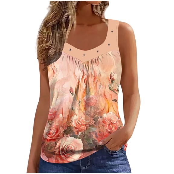 Viikei Lightweight Sleeveless Top Women's,Women's Fashion T-shirt Sleeveless Blouse Casual Loose Printed Elasticity Comfortable Top Orange S