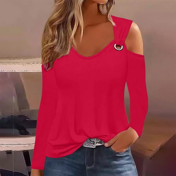 Viikei Lightweight Womens Hoodies Plus Size,Women's Fashion Casual Solid Off Shoulder Long Sleeve Pullover Long Sleeve Top Long Sleeve V-Neck Top/Shirt Hot Pink S
