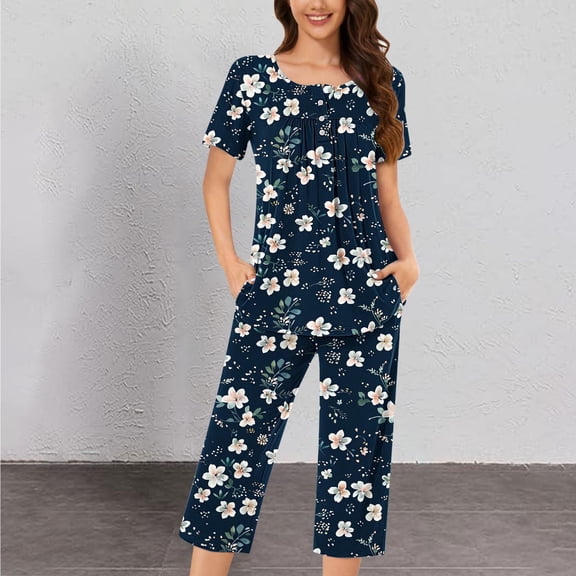 Viikei Linen Sets for Women 2 Piece,Women's Round Neck Short Sleeve Sleepshirt and Pants Sets Loungewear Pajamas with Pockets Navy L
