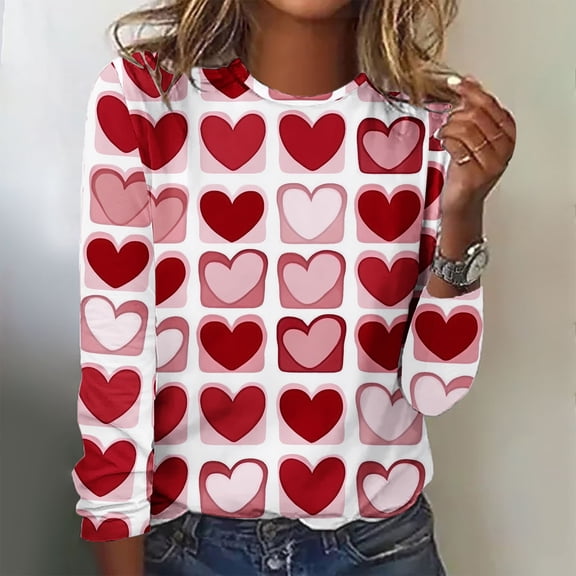 Viikei Long Sleeve Shirts for Women,Women's Top Valentine's Day Fashion Three-dimensional Print Loose Comfortable T-shirt Long Sleeve Crewneck Top Multicolor S