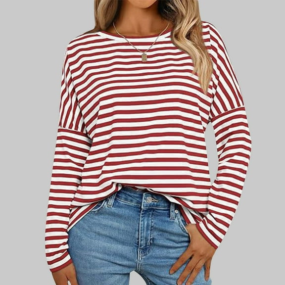 Viikei Long Sleeve Shirts for Women,Women's Long Sleeved Striped Pullover Round Neck Top Red M