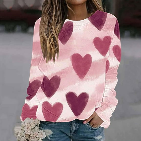 Viikei Long Sleeve Tops for Women Dressy,Women's Valentine's Day Printed Long Sleeved Round Neck Top/shirt Multicolor M