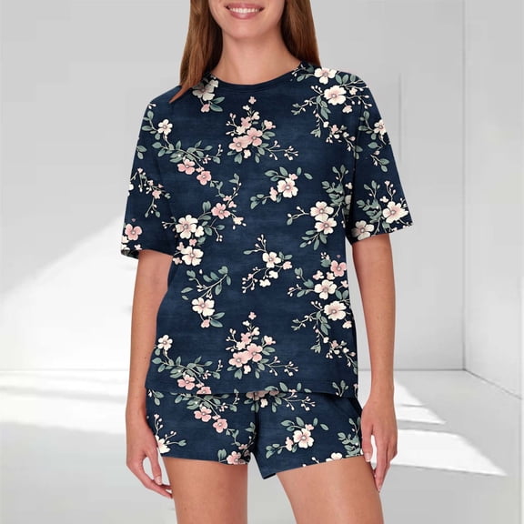 Viikei Lounge Sets for Women,Women's Casual Loose Printing Round Neck Short Sleeved Shorts Pajamas Suit Navy S