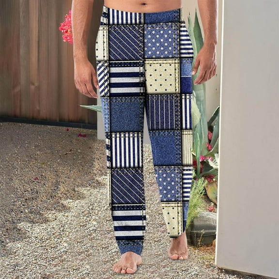 Viikei Men's 100% Cotton Relaxed Fit Pants,Joggers for Men Big and Tall,Men's Home Sleepwear Thin Loose Pants Plaid Straight Leg Pants Men's Casual Pants Multicolor S