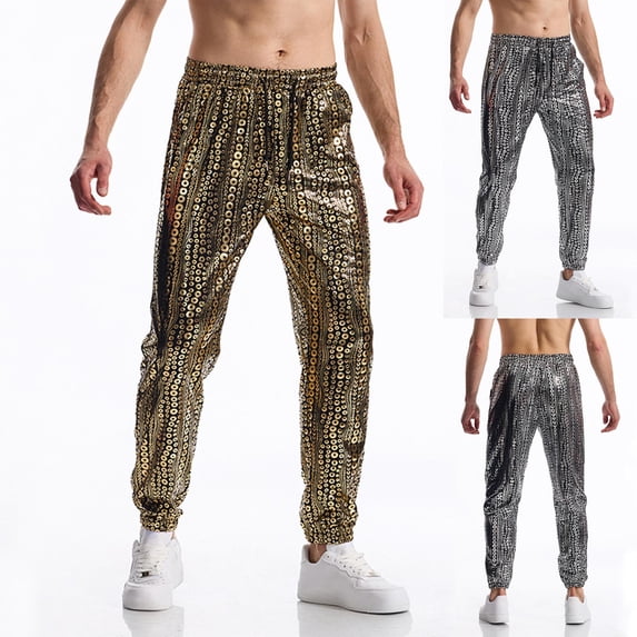 Viikei Men's Glossy Metallic Fit Pants,Men Casual Fashion Elastic Waist Gilding Fabric Trousers Elastic Bottom Of A Trouser Leg Long Pants Silver XXL