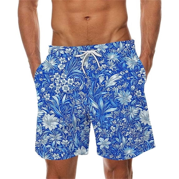 Viikei Men's High Waisted Shorts,Men Casual Fashion Print Shorts with Pockets Elastic Waist Beach Pants Blue XL