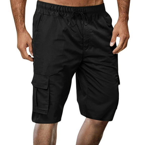 Viikei Men's Polyester Shorts,Men Casual Solid Knee Length Cargo Multi Pockets Fashion Short Pants Black M