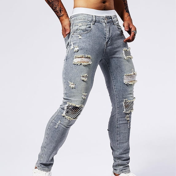 Viikei Mens Pants Big and Tall,Men's Casual Fashion Perforated Patch Bright Sequin Pocket Solid Color Elastic Tight Fitting Small Leg Denim Pants Gray 32