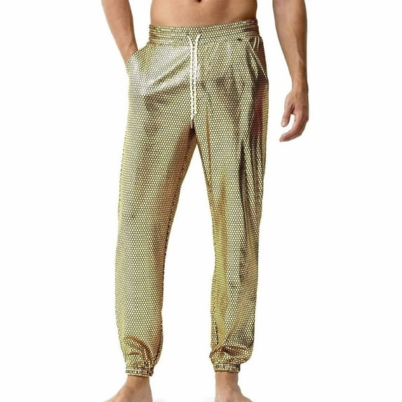 Viikei Mens Pants Clearance,Man Fashion Leisure Nightclub Draw Rope Ventilation Glitter Jogging Trousers Gold L