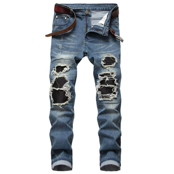 Viikei Mens Pants Clearance Plus Size Pants Men Trousers for Men Casual Denim Cotton Straight Ripped Hole Trousers Jeans Pants Full Length Pants