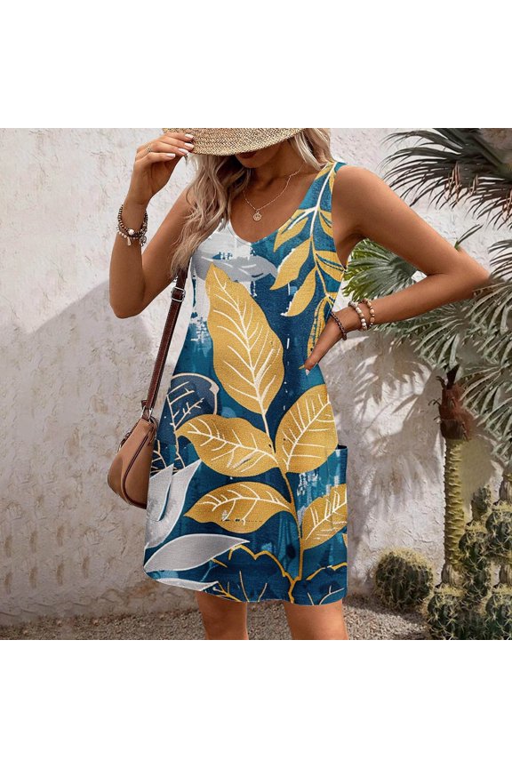 Midi Short Sleeve Dress,Women's Casual with Pockets Summer Floral Print Dress V-Neck Mini Dresses Blue S