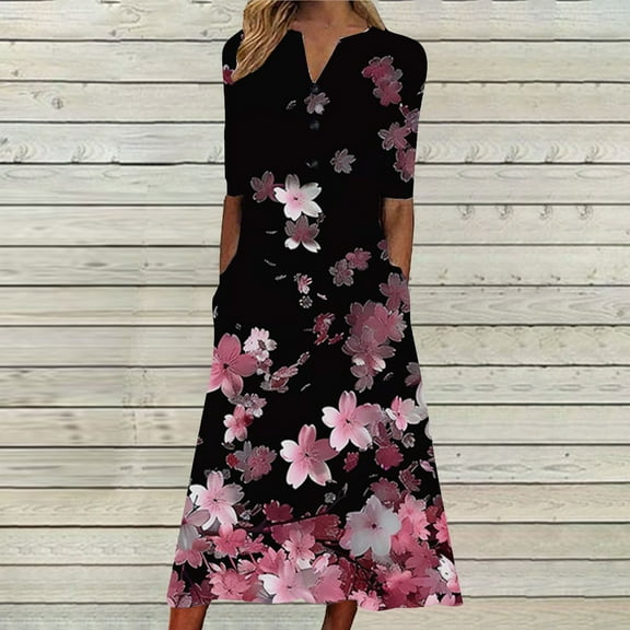 Viikei Midi Short Sleeve Dress,Women's Solid Color Loose Casual Fashionable Printed Short Sleeved V-neck Mid Calf Dress Multicolor S