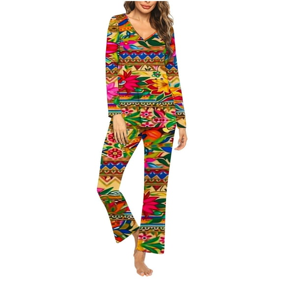 Viikei Minimalist Sleepwear Set Clean Design Loungewear,Ladies' Christmas Printed V-neck Casual Long Top Pants Pajama Set Red S