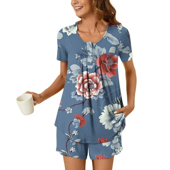 Viikei Minimalist Sleepwear Set Clean Design Loungewear,Women Casual Round Neck Print Short Sleeve Blouse Fashion Pants Pajamas Suit Blue S