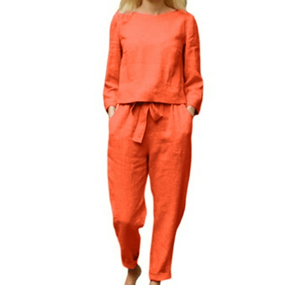 Viikei New & Trendy Womens Plus Size Solid Color Two-Piece Outfits Long Sleeve Leisure Blouse and Fashion Loose Fit Pants for Spring Fall Women's Loose Fitting Color Casual Set Orange